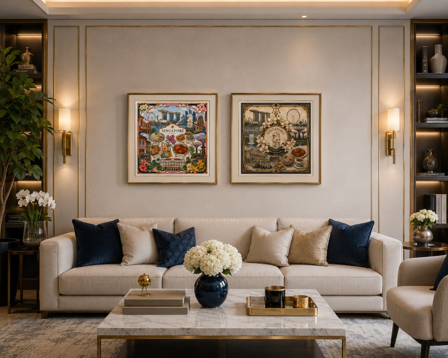 Singapore illustrated textile art displayed in a premium interior