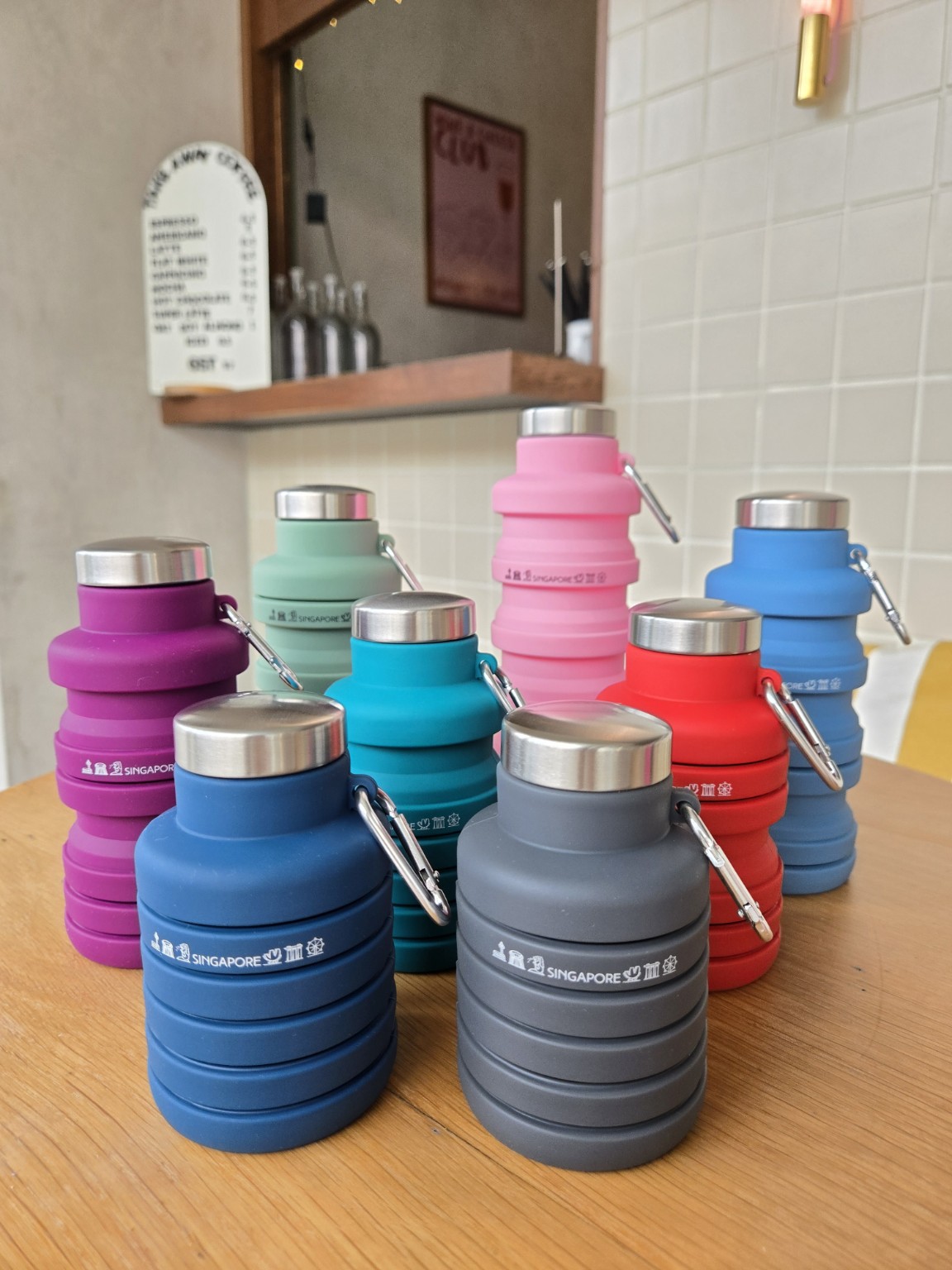 Colourful collapsible Singapore water bottles